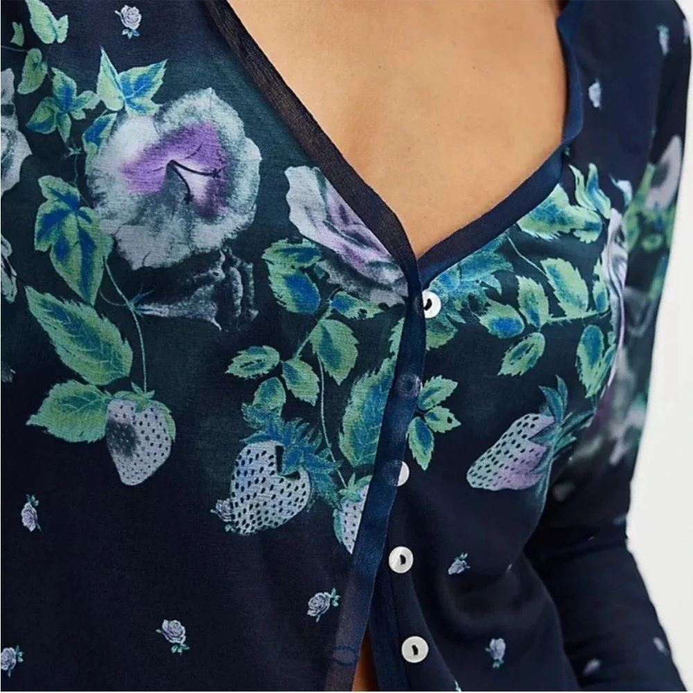 Free People Home Grown Mesh‎ Cardi Navy Blue Combo Floral Button down Small NWOT